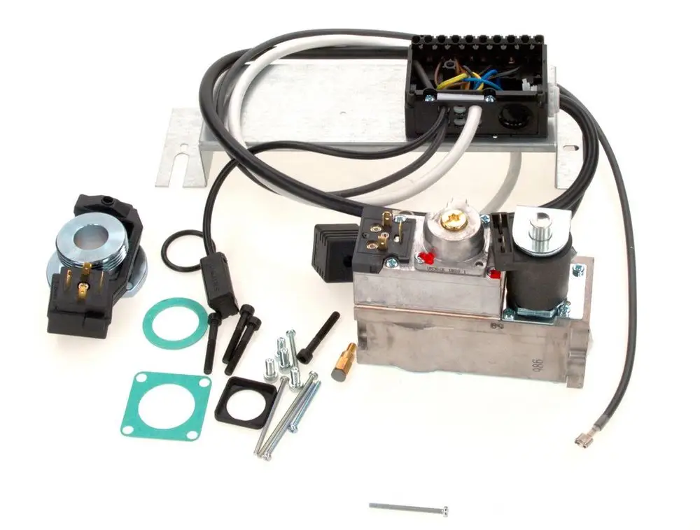 BOSCH Umrüstset mit verschiedenen Komponenten, darunter ein Steuergerät, Ventil, Schläuche und Dichtungen auf einem montierten Träger.